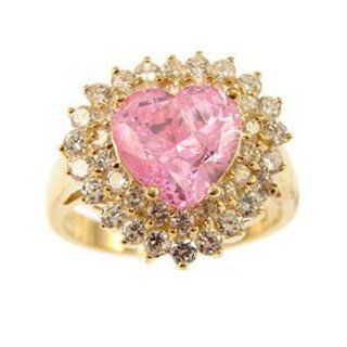 14k Yellow Gold, Fancy Estate Style Cocktail Ring with Lab Created Heart Shape Pink Colored Birthstone Jewelry