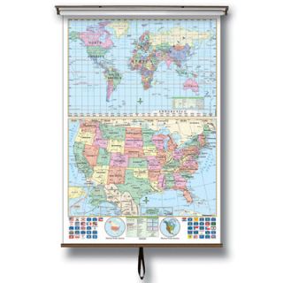 Universal Map U.S. and World Stacked Wall Map on Roller with Backboard