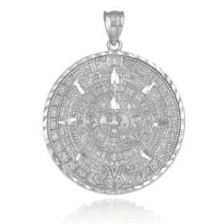 10k White Gold Aztec Charm Mayan Calendar Pendant, 1.2" Diameter Jewelry