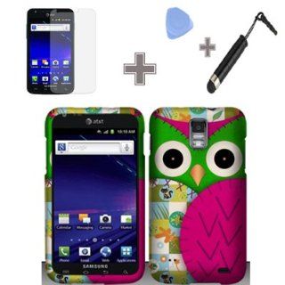 Rubberized Black Green Purple Silver Owl Eyes Snap on Design Case Hard Case Skin Cover Faceplate with Screen Protector, Case Opener and Stylus Pen for Samsung Galaxy S II Skyrocket / i727   AT&T Cell Phones & Accessories