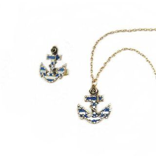 World Pride Women Retro Rose Decorated White Blue Strip Sailor Anchor Ring and Necklace Jewelry Set Jewelry