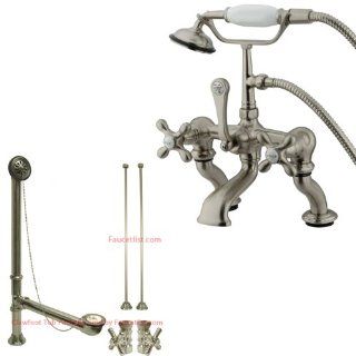 Satin Nickel Deck Mount Clawfoot Tub Faucet w hand shower w Drain Supplies Stops CC415T8system   Clawfoot Bathtubs  