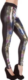 Sakkas 700TM728 Women's Metallic Sequin Snake Footless Stretch Leggings   Rainbow   M / L