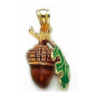 Gold Misc Holiday Charm Pendant 3 D Acorn With Leaf & Enamel Brown & Green Million Charms Jewelry