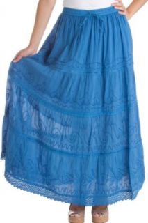 AA754   Solid Embroidered Gypsy / Bohemian Full / Maxi / Long Cotton Skirt   Blue/One Size