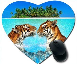 Nature Wildlife Tigers in Water Heart Shaped Cute Animal Mousepad 