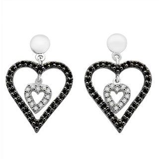 1/2 Ct Black and White Diamond Double Heart Earring in Sterling Silver Jewelry