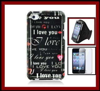For iPod Touch 4 4th Generations Glossy Black Love You Words Snap on Hard Case Cover Front/Back + BLACK Sports Workout Gym Armband for iPod/iPhone + Clear Screen Protector   Players & Accessories