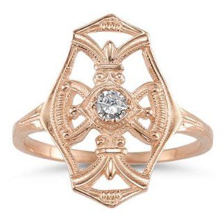 Vintage Diamond Cross Fleur de Lis Ring, 14K Rose Gold Engagement Rings Jewelry
