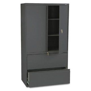 HON Products   HON   Brigade 800 Series Lateral File W/ Storage Cabinet, 36 x 19 1/4 x 67, Charcoal   Sold As 1 Each   Space efficient unit features two lateral file drawers beneath a two door storage case.   Storage case includes two adjustable shelves be