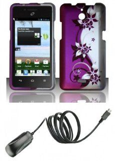 Huawei Ascend Plus H881C (Straight Talk, Net 10, Tracfone)   Accessory Combo Kit   Purple and Silver Vines Design Shield Case + Atom LED Keychain Light + Micro USB Wall Charger Cell Phones & Accessories