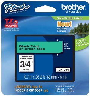 Brother Laminated Tape Black on Green, 18mm (TZe741)   Retail Packaging  Labeling Tape 