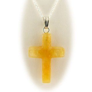 Yellow Jade Cross Pendant 18 Inch Sterling Silver Cable Chain Necklace Jewelry