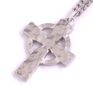 St Justin, Pewter Celtic Circle Beaten Cross   18 Inch Curb Chain Jewelry