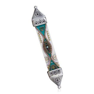Ester Shahaf Wood and Pewter Mezuzah with Turquoise Band, Gold Shin and Lines   Wall Sculptures