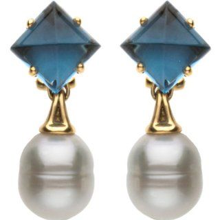 18K Yellow Gold   Aquarella South Sea Cultured Pearl & Genuine London Blue Topaz Earrings Jewelry