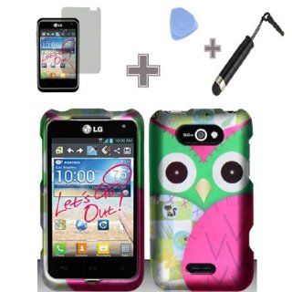 Rubberized Black Green Purple Silver Owl Snap on Design Case Hard Case Skin Cover Faceplate with Screen Protector, Case Opener and Stylus Pen for LG Motion 4G MS770   Metro PCS Cell Phones & Accessories