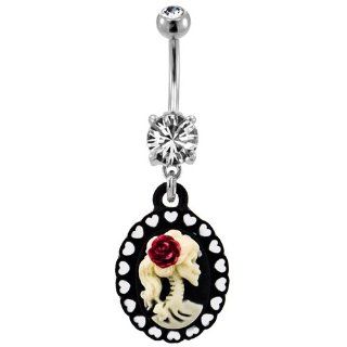 Skeleton Lady Cameo With Mini White Hearts Belly Ring, 14G 3/8"  Sold Individually Jewelry