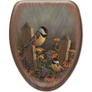 Comfort Seats C1B2E1 773 17AB Linda's Chickadee's Song Bird Elongated Oak Toilet Seat, Antique Brass    