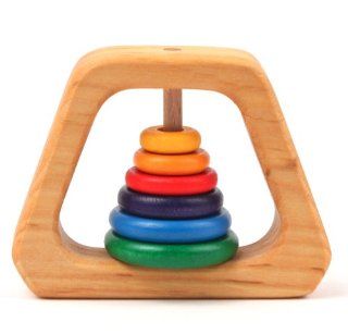 Grimm's Natural Wood Pyramid Baby Rattle & Teether with 6 Rainbow Colored Rings  Baby