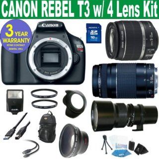 BRAND NEW CANON REBEL T3 w/ CANON 18 55 IS LENS + CANON 75 30 ZOOM LENS + 500mm SUPER TELEPHOTO PRESET LENS + .45X SUPER WIDE ANGLE FISHEYE LENS + 16 GIG MEMORY + 3 YEAR CELLTIME WARRANTY  Digital Camera Accessory Kits  Camera & Photo