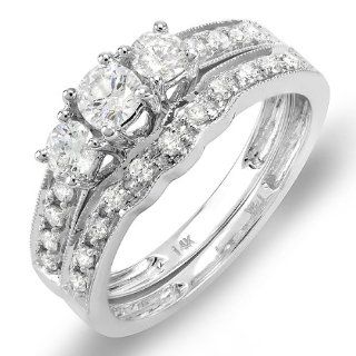 0.70 Carat (ctw) 14K White Gold 3 Stone Ladies Round Diamond Engagement Ring Bridal Matching Band Set 3/4 CT Jewelry