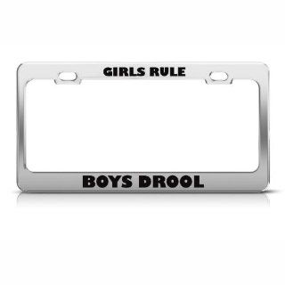 Girls Rule Boys Drool Humor License Plate Frame Stainless Metal Tag Holder Automotive