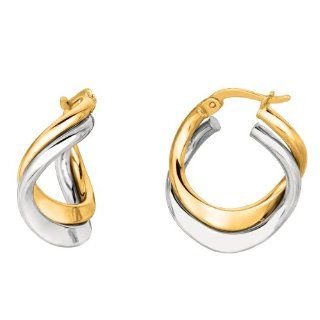 14 Karat Yellow White Gold Shiny Double Row Hoop Earring Jewelry