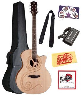 Luna Oracle Series Peace Grand Concert Acoustic Electric Guitar Bundle with Gig Bag, Strap, Tuner, Strings, Pick Card, and Polishing Cloth Musical Instruments