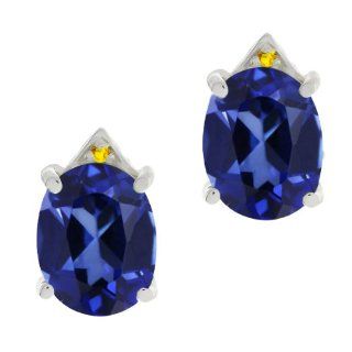 6.75 Ct Oval Blue Created Sapphire Yellow Sapphire 14K White Gold Earrings Stud Earrings Jewelry