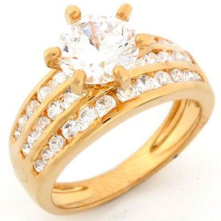 14k Gold 3 Row Channel Set CZ Solitaire Engagement Ring Three Row Cz Jewelry