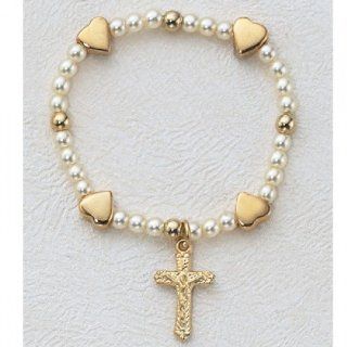 Baby Bracelet SB766 Gold Over Sterling Silver Heart Pearl Stretch Rosary Bracelet Jewelry