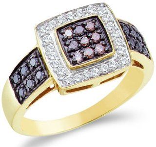 14k Yellow Gold Diamond Engagement Right Hand Chocolate Brown, Black & White Diamonds Round Brilliant Cut Diamond Ring 10mm (.54 cttw) Jewelry