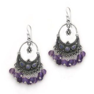 Sterling Silver Bohemian "Arya" Shell Inlay and Semi precious Stones Cluster Earrings, Amethyst Jewelry