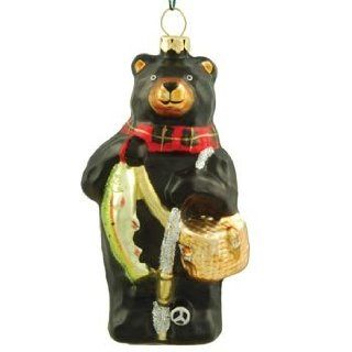 Glass Bear Fisherman Ornament, Fishing Gear Pole Fish Basket, 4.5 inch   Christmas Ball Ornaments
