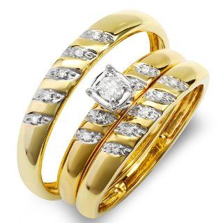 0.15 Carat (ctw) 10K Yellow Gold Round White Diamond Men & Women's Engagement Ring Trio Set Jewelry