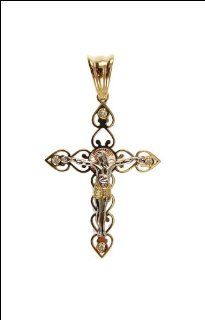 14k Tricolor Gold, Fancy Cross with Christ Jesus Lab Created Gems 35mm Wide Jewelry