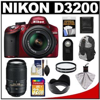 Nikon D3200 Digital SLR Camera & 18 55mm G VR DX AF S Zoom Lens (Red) with 55 300mm VR Lens + 32GB Card + Backpack + Filters + Remote + Accessory Kit  Digital Slr Camera Bundles  Camera & Photo