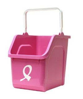 Pink color 6 gallon plastic tote with handle and breast cancer awareness logo   Open Home Storage Bins