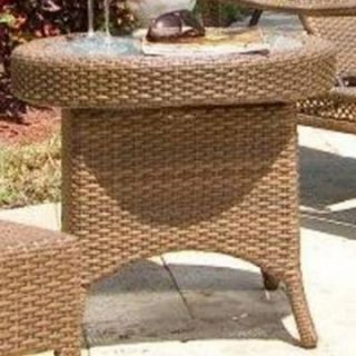 Hospitality Rattan Grenada Patio End Table   Viro Fiber Antique Brown with Tempered Frosted Glass   Patio Tables