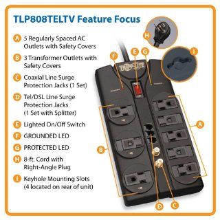 Tripp Lite TLP808TELTV Surge Protector 120V 8 Outlet RJ11 Coax 8ft Cord 2160 Joule Electronics