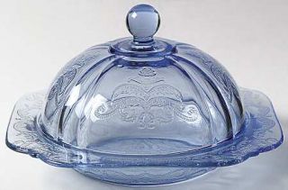 Indiana Glass Recollection Blue Round Covered Butter   Blue,Pressed,Scroll Desig