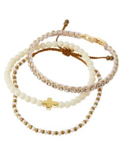 Set of Three Crystal & Beaded Bracelets, White/Taupe