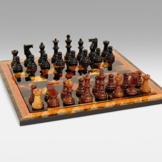 Black and Brown Alabaster Chess Set with Inlaid Wood Frame   Chess Sets