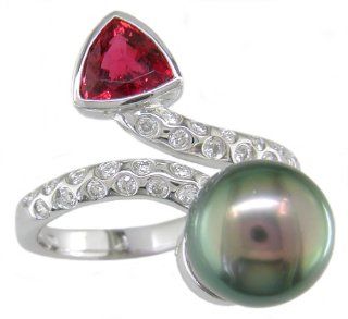 18KT White Gold Black Pearl, Spinel & Diamond Ring   Size 6 1/2 Judy Mayfield Jewelry