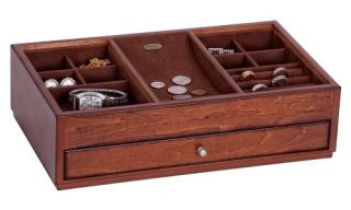 Landon Wooden Dresser Top Valet in Antique Walnut Finish   14W x 3.25H in.   Mens Jewelry Boxes