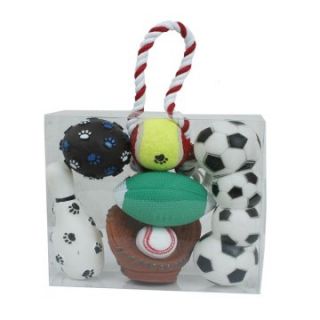 Pet Life 5 Piece Sports Themed Dog Toy Set   Pull and Fetch Dog Toys