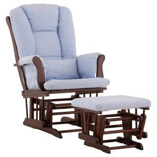 Storkcraft Tuscany Glider and Ottoman with Free Lower Lumbar Pillow   Espresso Finish with Blue Cushions   Nursery Gliders & Rockers