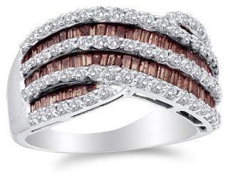 14K White Gold Large White and Chocolate Brown Diamond Cross Over Wedding , Anniversary OR Fashion Right Hand Ring Band   w/ Channel Invisible Set Round & Baguette Diamonds   (1.52 cttw) Sonia Jewels Jewelry