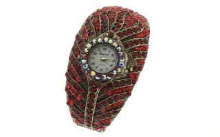 GP Designs Peacock Feather Crystal Rhinestone Cuff Bangle Watch   Red Watches